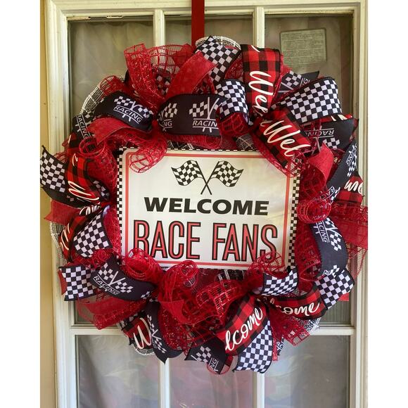 Welcome Race Fans Wreath | Racing Decor | Black, Red & White Checkered Flag - Picture 1 of 8